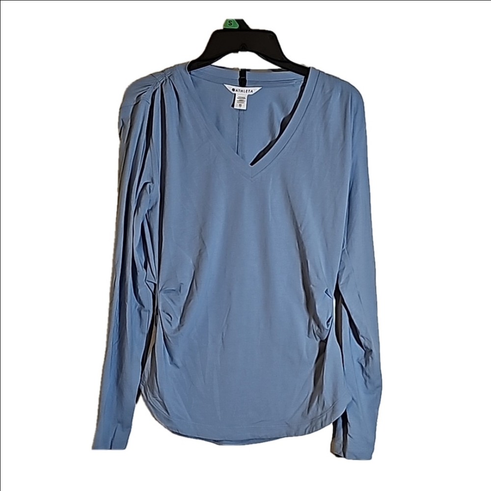 Athleta Outbound V-neck Top Size XS Blue Ruched Closet Staple Athleisure Yoga